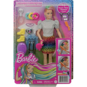 Set de joaca Barbie - Leopard Rainbow Hair, 14 accesorii