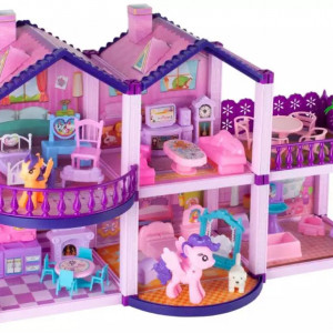 Casuta pentru papusi Villa Ponies Malplay, 3 dormitoare, bucatarie, baie si terasa