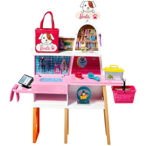 Papusa Barbie blonda cu magazin de animale si 25 de accesorii, 30 cm