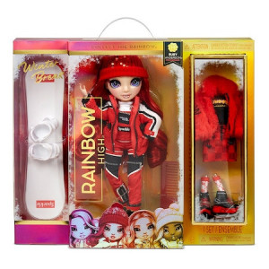 Papusa Rainbow High, Winter Break Ruby Anderson, cu 2 tinute complete si schiuri