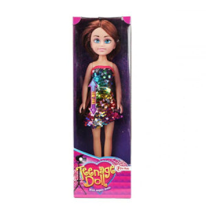Papusa Toi-Toys in Rochita cu Paiete Reversibile,Bruneta,33cm