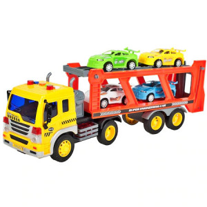 Camion MalPlay cu platforma si 4 masinute incluse, cu sunete si lumini, 37 cm