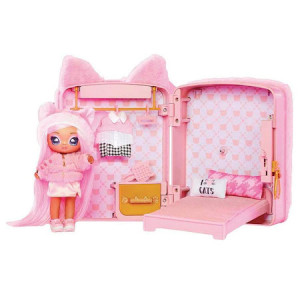Set papusa Na! Na! Na! Surprise, 3 in 1, papusa Pink Kitty si ghiozdan cu dormitor