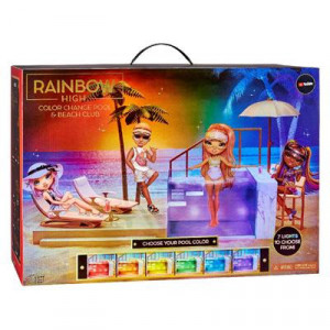 Set de joaca piscina Rainbow High, cu 7 lumini, umbrela pliabila si accesorii