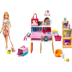 Papusa Barbie blonda cu magazin de animale si 25 de accesorii, 30 cm