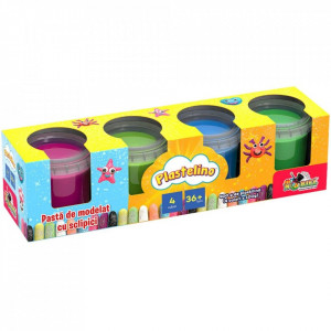 Pasta de modelat cu sclipici Plastelino, 4 culori x 100 g