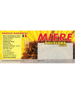 Eticheta miere galbena cu albina Poliflora Nectar 115 mm x 50 mm