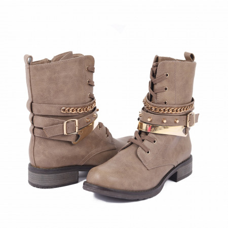 Ghete pentru dame cod CH1420 Khaki - Ghete pentru dame din piele ecologică în combinație cu piele ecologică întoarsă decorate cu inserții metalice - Deppo.ro