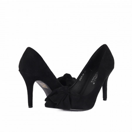 Pantofi cu toc cod AF67896 Negri - Pantofi cu toc ascuțit din piele ecologică întoarsă, culoare neagră cu o fundiță de decor - Deppo.ro