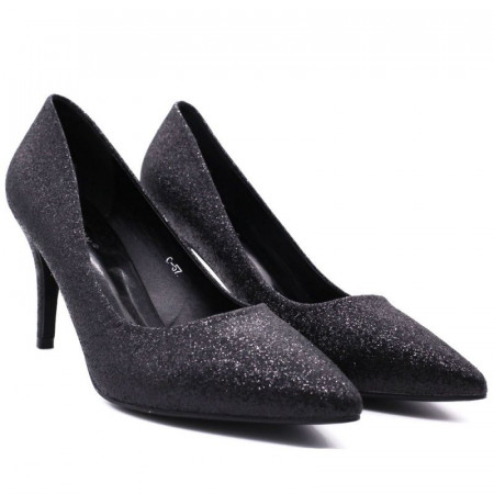 Pantofi cu toc cod C57 Negri - Pantofi cu toc din piele ecologică cu sclipici pe exterior - Deppo.ro