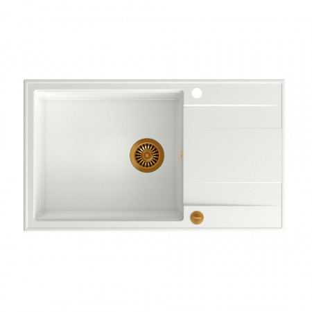 EVAN 136 XL + chiuvetă încastrată cu 1 vas din nano PVD cu scurgere + sifon / alb ca zăpadă / elemente de cupru