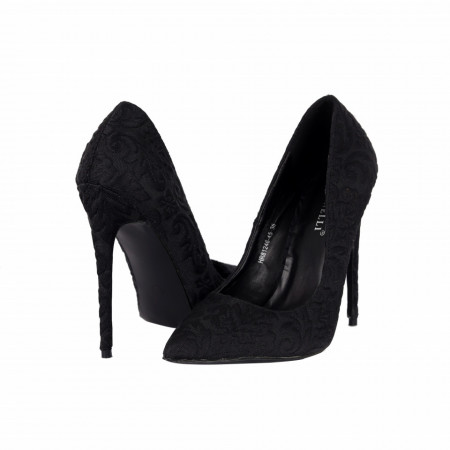 Pantofi cu toc cod HR8124645 Negri - Pantofi din piele ecologică întoarsă în combinație cu material tip dantelă - Deppo.ro