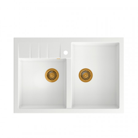 BILL 120 + chiuvetă cu 2 vase din nano PVD + sifon / alb ca zăpadă / elemente de cupru