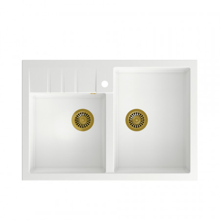 BILL 120 chiuvetă cu 2 vase din nano PVD + sifon / alb ca zăpadă / elemente aurii