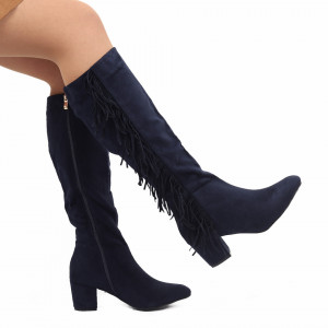 Cizme Alexa Navy - Cizme lungi cu toc elegante decorate cu franjuri pe lateral și închidere cu fermoar - Deppo.ro