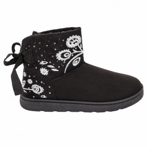 Cizme Fioris Negre - Cizme tip UGG din piele ecologică întoarsă cu interior îmblănit, model cu decor floral şi ştrasuri - Deppo.ro