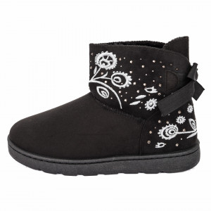 Cizme Fioris Negre - Cizme tip UGG din piele ecologică întoarsă cu interior îmblănit, model cu decor floral şi ştrasuri - Deppo.ro