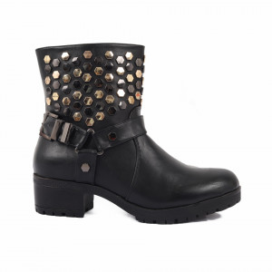 Ghete pentru dame cod LL26 Negre - Ghete pentru dame din piele ecologică decorate cu inserții metalice - Deppo.ro