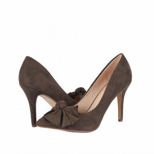 Pantofi cu toc cod AF67896 Olive - Pantofi cu toc ascuțit din piele ecologică întoarsă, culoare maro măsliniu cu o fundiță de decor - Deppo.ro
