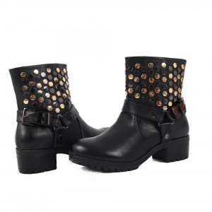 Ghete pentru dame cod LL26 Negre - Ghete pentru dame din piele ecologică decorate cu inserții metalice - Deppo.ro