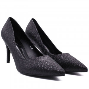 Pantofi cu toc cod C57 Negri - Pantofi cu toc din piele ecologică cu sclipici pe exterior - Deppo.ro