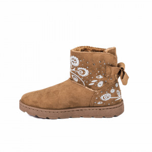 Cizme Fioris Bej - Cizme tip UGG din piele ecologică întoarsă cu interior îmblănit, model cu decor floral şi ştrasuri - Deppo.ro