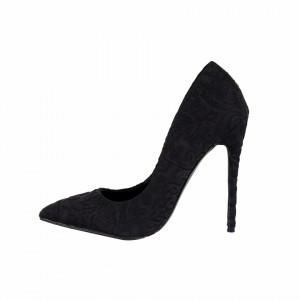Pantofi cu toc cod HR8124645 Negri - Pantofi din piele ecologică întoarsă în combinație cu material tip dantelă - Deppo.ro