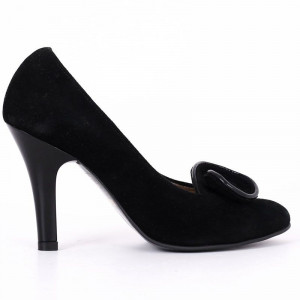 Pantofi Cu Toc din piele naturală cod RAX818 Negri - Pantofi din piele naturală întoarsă cu toc subțire cu vârf rotunjit, confortul purtării este sporit de tălpicul din piele ecologică - Deppo.ro