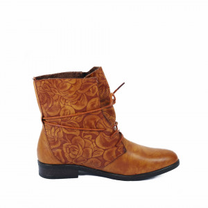 Ghete pentru dame cod 07271 Camel - Ghete din piele ecologică cu un model floral în stil texan - Deppo.ro