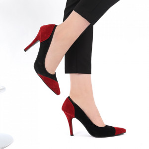 Pantofi cu toc cod B2207 Negri cu Vişiniu - Pantofi cu vârf ascuţit şi toc subţire din piele ecologică, foarte confortabili cu un calapod comod - Deppo.ro