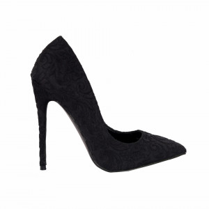 Pantofi cu toc cod HR8124645 Negri - Pantofi din piele ecologică întoarsă în combinație cu material tip dantelă - Deppo.ro