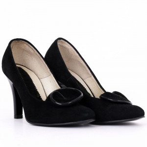 Pantofi Cu Toc din piele naturală cod RAX818 Negri - Pantofi din piele naturală întoarsă cu toc subțire cu vârf rotunjit, confortul purtării este sporit de tălpicul din piele ecologică - Deppo.ro