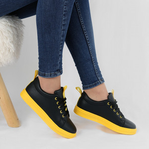 Pantofi sport cod Z122 Negri - Pantofi sport din material textil cu talpă galbenă si un calapod comod - Deppo.ro