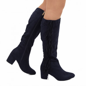 Cizme Alexa Navy - Cizme lungi cu toc elegante decorate cu franjuri pe lateral și închidere cu fermoar - Deppo.ro