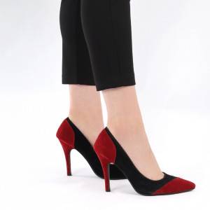 Pantofi cu toc cod B2207 Negri cu Vişiniu - Pantofi cu vârf ascuţit şi toc subţire din piele ecologică, foarte confortabili cu un calapod comod - Deppo.ro