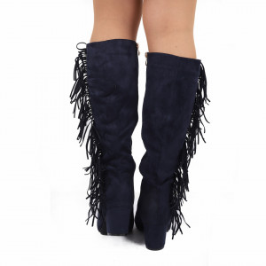 Cizme Alexa Navy - Cizme lungi cu toc elegante decorate cu franjuri pe lateral și închidere cu fermoar - Deppo.ro