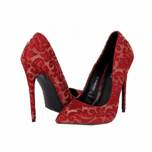 Pantofi cu toc cod HR8124645 Roși - Pantofi din piele ecologică întoarsă în combinație cu material tip dantelă - Deppo.ro