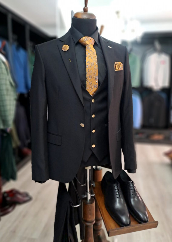 Costum Barbati Slim Fit Cu Vesta Negru