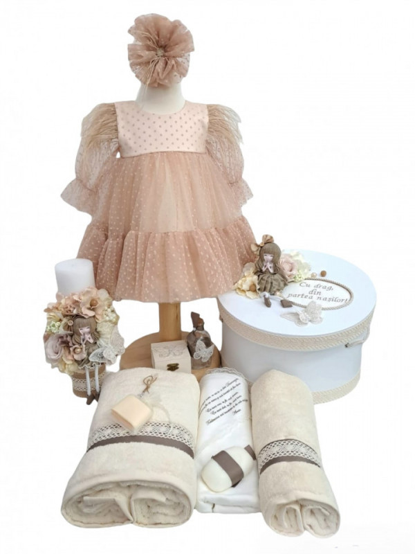 Set Botez Fetita. Rochie, Trusou, Lumanare si Cutie