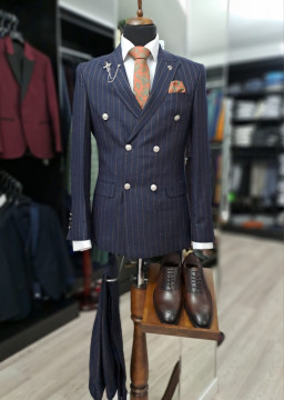 Costum Barbati Slim Fit Cu Doua Randuri De Nasturi