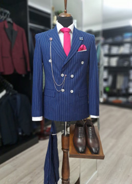 Costum Barbati Slim Fit Cu Doua Randuri De Nasturi