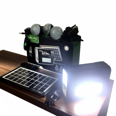 Kit solar GD8017, 3 becuri LED cu intrerupator, Lanterna PowerBank, Panou fotovoltaic