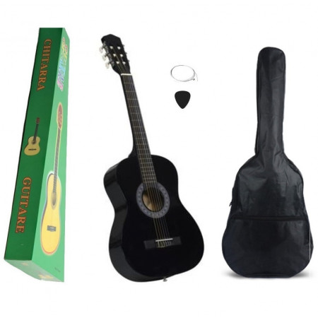 Chitara acustica + Husa transport + Pana + Rezerva, 6 corzi pentru amatori si incepatori, Culoare neagra, 4/4 38"