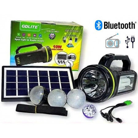 Kit solar, Lanterna 10W LED + 3xBec + Panou, Boxa Bluetooth, PowerBank 9000mAh, GD-2000A