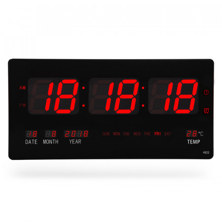 Ceas digital LED 46x22cm Rosu, Calendar, Temperatura, Secundar