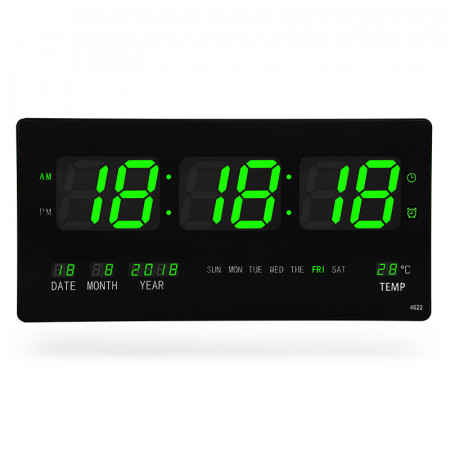 Ceas digital LED 46x22cm Verde, Calendar, Temperatura, Secundar