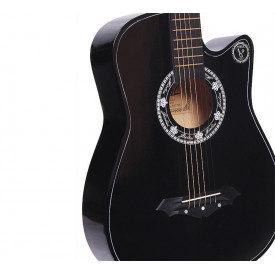Chitara neagra acustica incepatori 4/4 38" + Stativ podea + Husa + Curea + 6 corzi rezerva + Pana