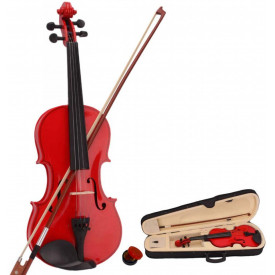 Vioara acustica cu 4 corzi metalice rosie pentru incepatori 6-12 ani, exersat invatat incepator