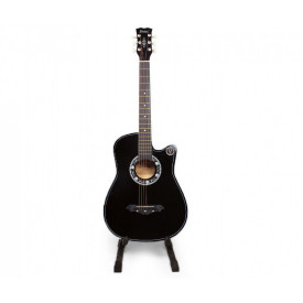 Chitara neagra acustica incepatori 4/4 38" + Stativ podea + Husa + Curea + 6 corzi rezerva + Pana