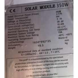 Panou fotovoltaic 350W (solar panel module), VPM 36V, IMP 9.7A